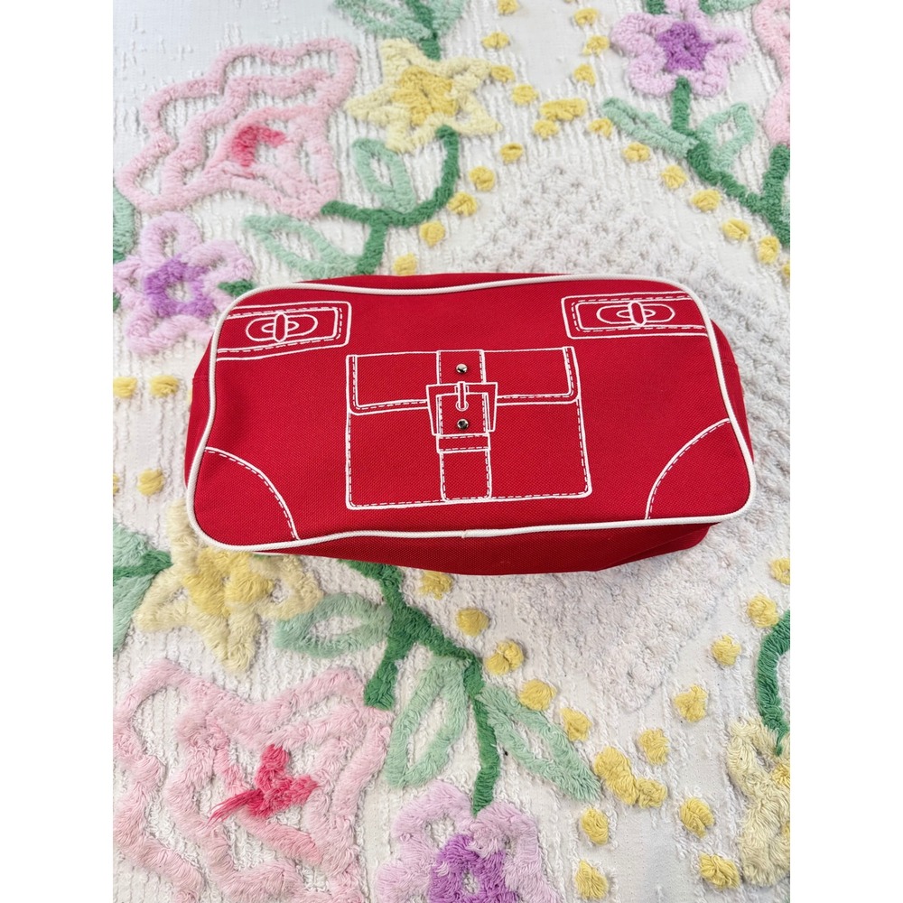 Clinique Red Canvas Cosmetic Bag White Satchel Print Makeup Pouch Travel‎ Case